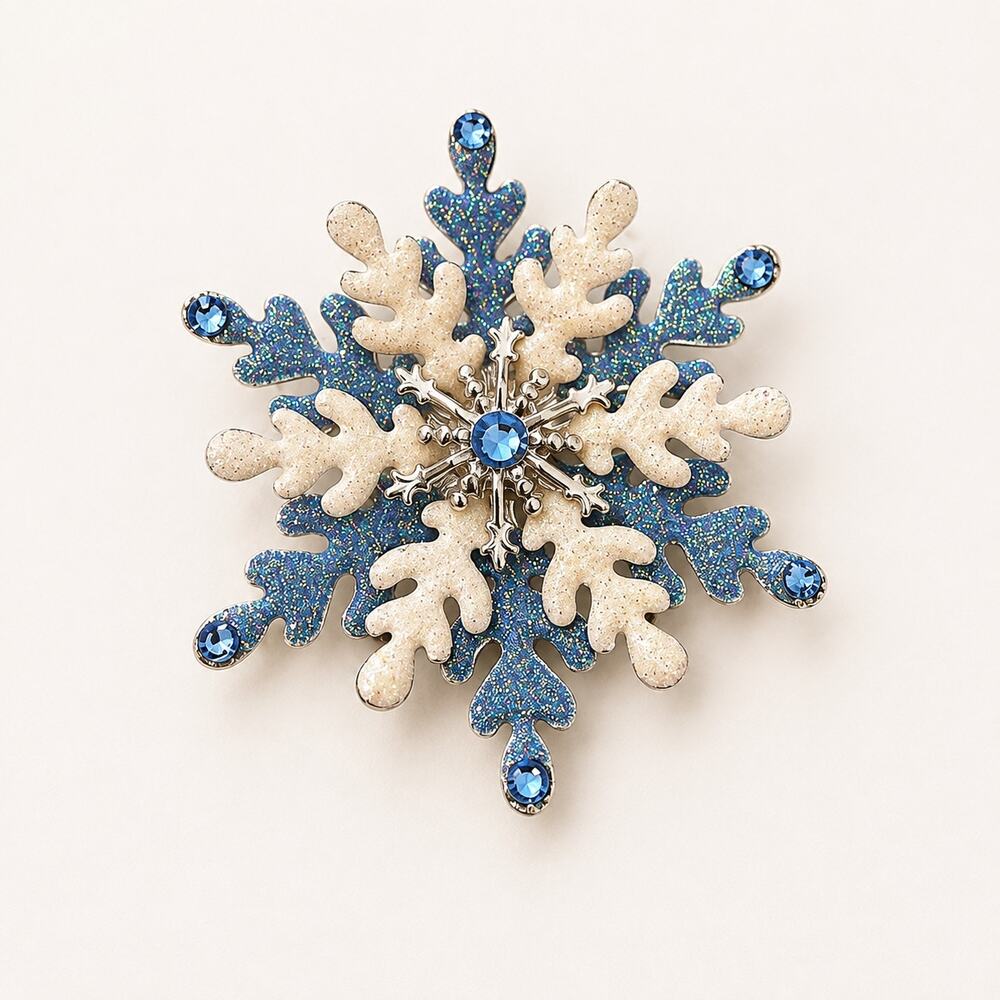 Blue and white sparkling snowflake brooch pin